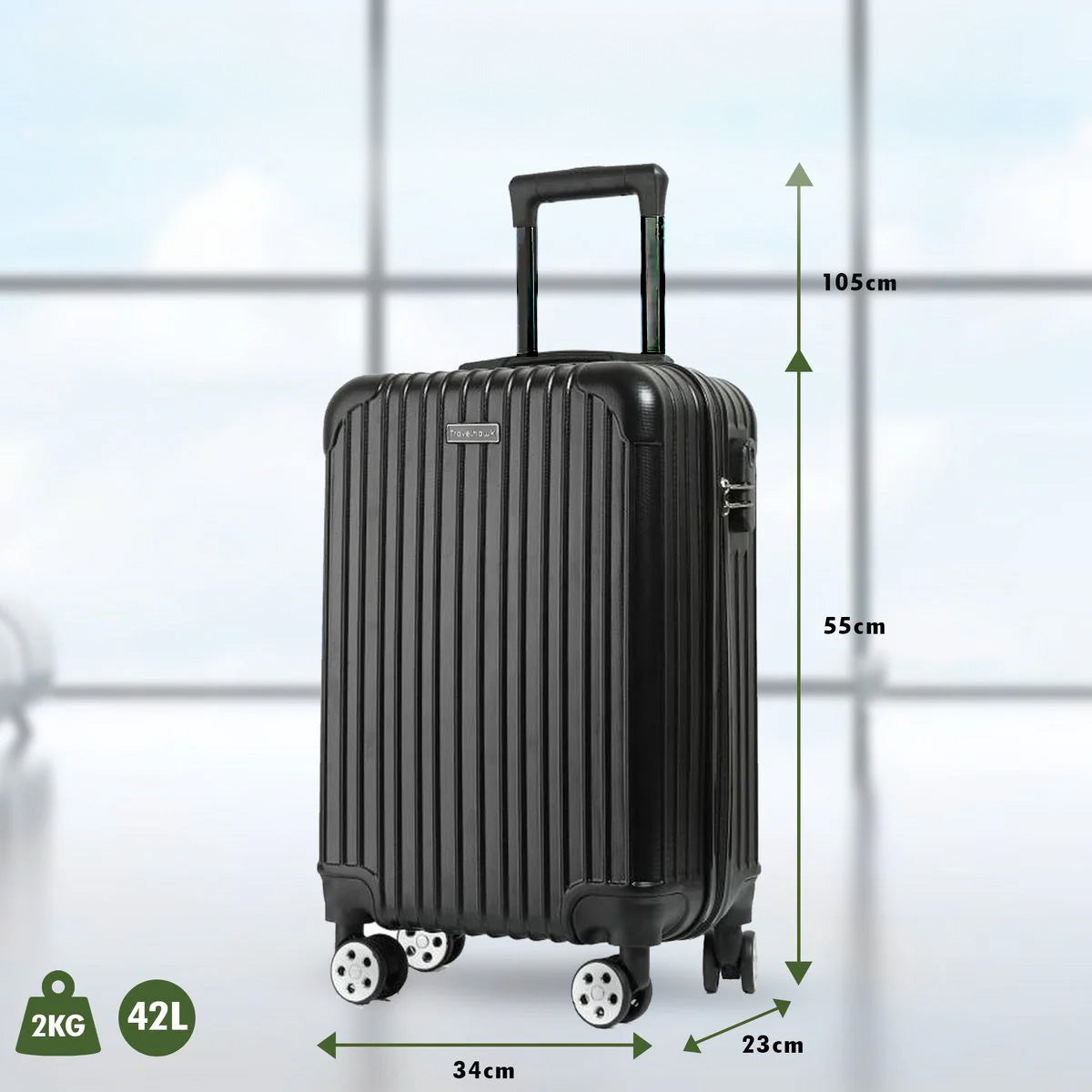 Travelhawk Handbagage Koffer – 42L | 55 cm | TSA Slot & 360° Wielen | Lichtgewicht & Sterk (Zwart)