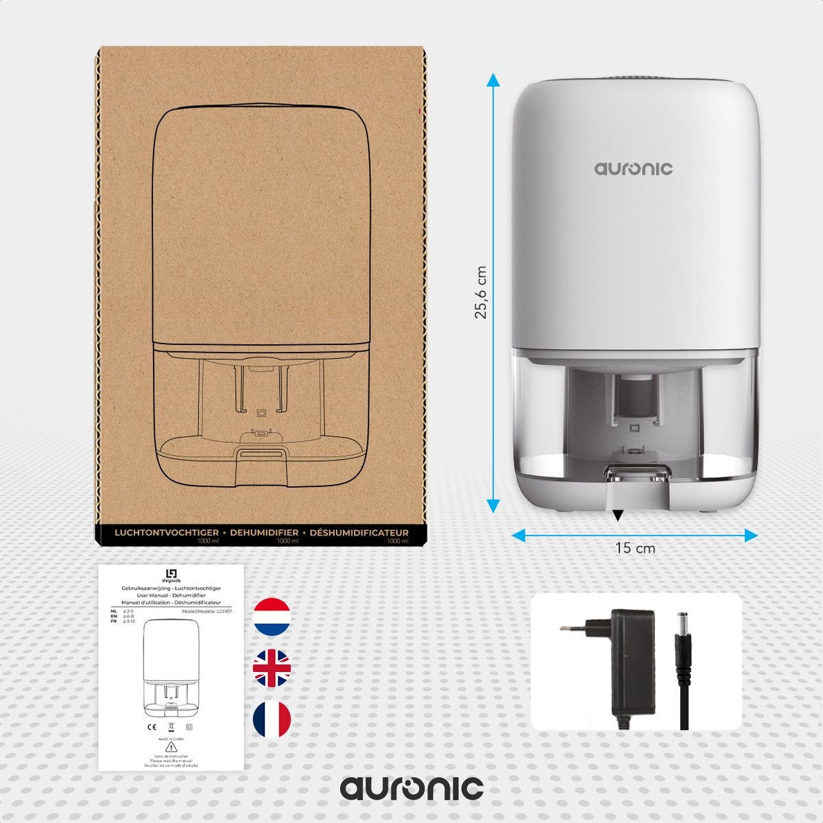 Auronic Luchtontvochtiger – 450 ml/dag – 1000 ml Reservoir – Tot 20 m² – 25,6 x 15 x 15 cm – Wit
