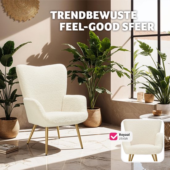 tectake® Oorfauteuil in Scandinavische stijl - Teddystoel Hygge - Stoel voor woonkamer, slaapkamer - Loungefauteuil - Goud metalen poten - Draagvermogen tot 150 kg - Crème