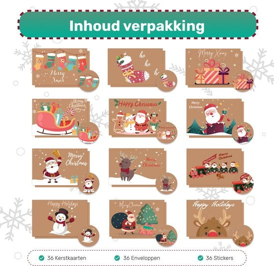 Giftmas Kerstkaarten - Wenskaarten - 36 Stuks - Met Enveloppen en Stickers - 10x15cm
