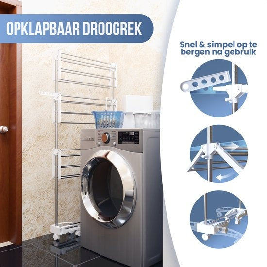 Avalo Droogrek - Droogtoren Met Wieltjes - 4 Niveaus - Inklapbaar - Wit