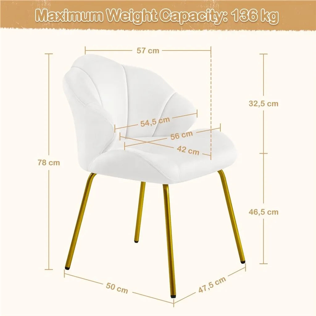 Yaheetech Eetkamerstoel 56 x 57 x 78 cm - Wit - Gestoffeerde Schelpstoel met Metalen Poten
