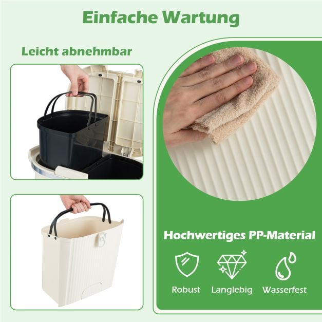 Coast Afvalscheidingsbak Beige – 38L Prullenbak met 3 Vakken, Pedaal en Wielen – 43 x 29 x 74,5 cm