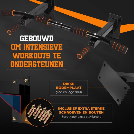 TTD® Premium Pull Up Bar - Pull Up Station - Optrekstang Wandmontage - Dip Station - Dip Bars - Thuis Sporten - Thuis Fitness - Premium materialen - Extra stevige tot 250KG - Inclusief montage onderdelen - Home workout - Zwart/Oranje
