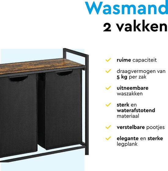BRASQ Wasmand 2 vakken - Wassorteerder 76 Liter - Uitschuifbaar met Plank 73x33x71 cm - Wasbox Zwart Metaal - Bruin hout - Basket