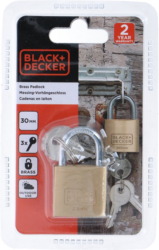 BLACK+DECKER Hangslot met Sleutel - 30mm - Incl. 3 Sleutels - Massief Messing Slot