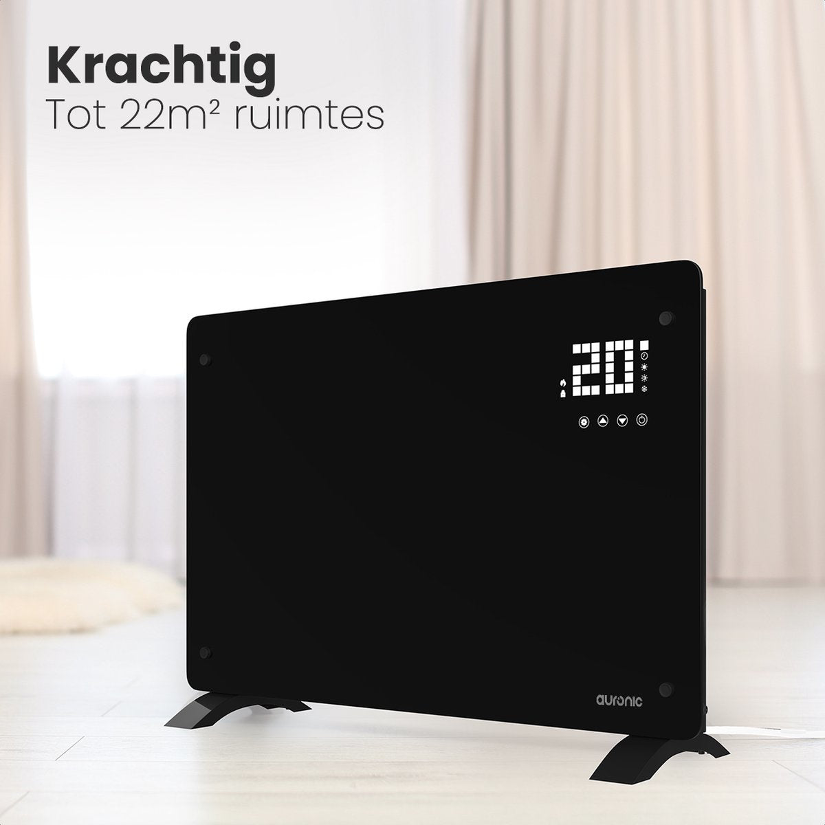 Auronic Elektrische Kachel – Convectorkachel met Thermostaat en Afstandsbediening - Paneelverwarming - tot 22 m2 - 2000W Heater - Zwart