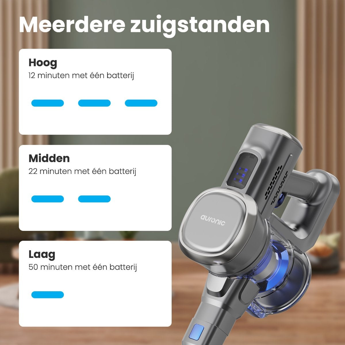 Auronic Steelstofzuiger - Zelfstaande Draadloze Steelstofzuiger - Zonder Zak - 220W - Vacuum Cleaner - Grijs/Blauw