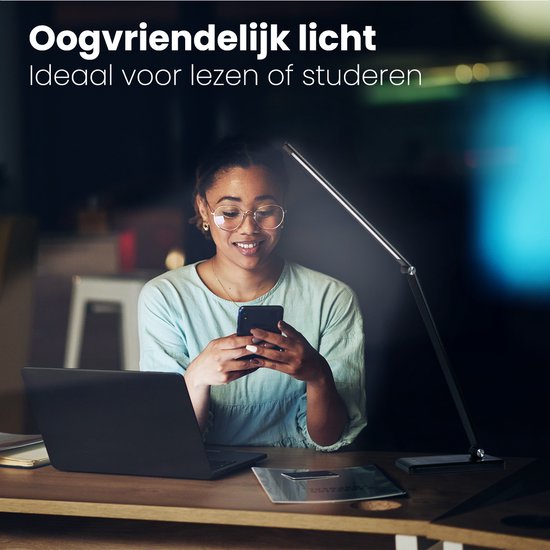 Auronic Bureaulamp - LED - USB en Draadloos Mobiel Opladen - Timer - Dimbare Klemlamp - Wit en Warm Licht - Zwart