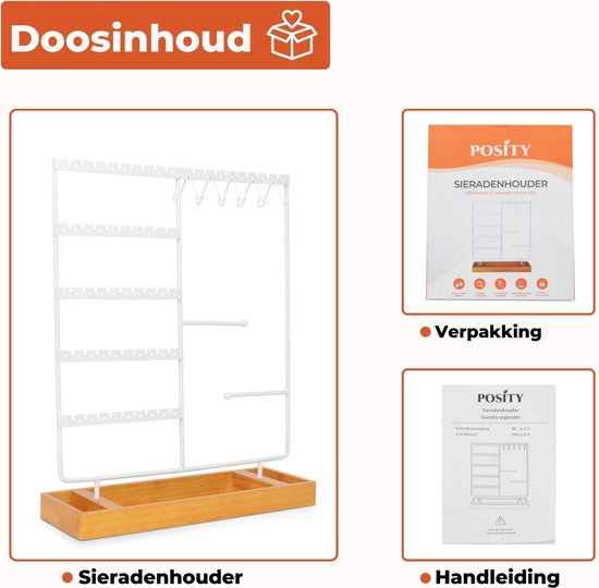 Posity Sieradenrekje – Sieradenhouder – Oorbellenrekje – Juwelen houder – Voor kettingen/armbanden/ringen/Juwelen – Hout & metaal – Wit