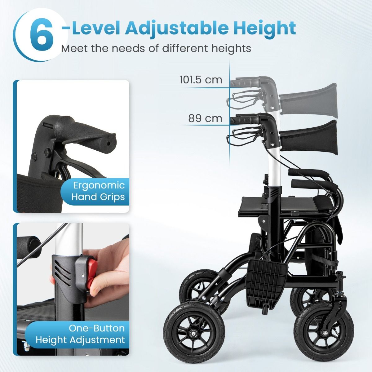 Coast 2-in-1 rollator en rolstoel - luchtbanden - 6-voudig in hoogte verstelbaar - zwart