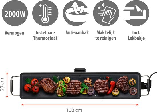 alpina Teppanyaki Bakplaat XXL - Bakplaat - 100x20cm - 2000W - Regelbare Thermostaat - Anti-Aanbaklaag - Zwart