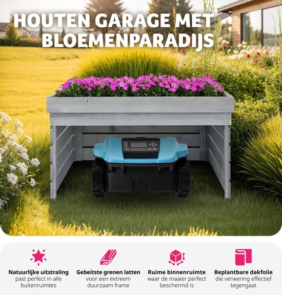 tectake® Garage voor robotmaaier - Houten behuizing met groendak, plantenbak, bloembak - Tuinopslag voor grasmaaier - Weer- en UV-bestendig - 84 x 78 x 46 cm