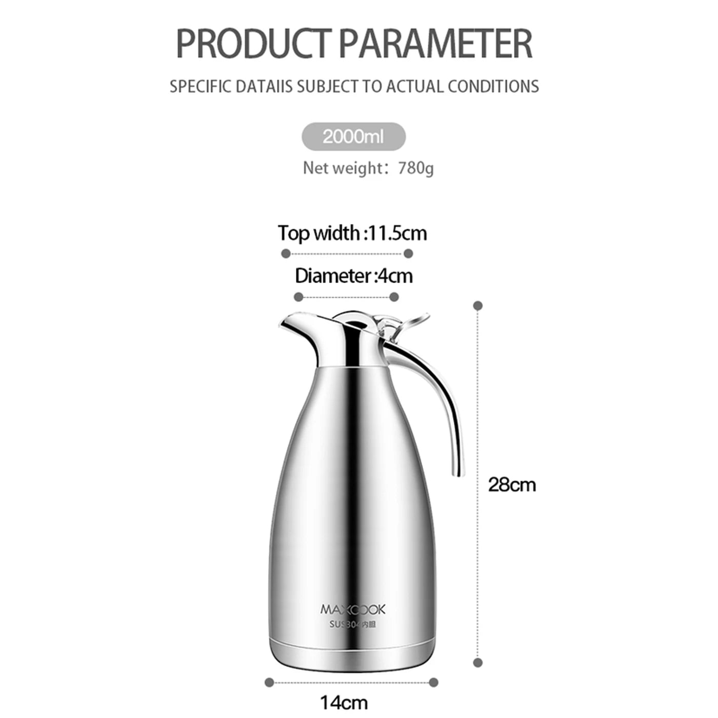 Maxcook Roestvrijstalen Vacuüm Geïsoleerde Heetwaterketel 2 l MCH-478 - 304 RVS - 2000 ml