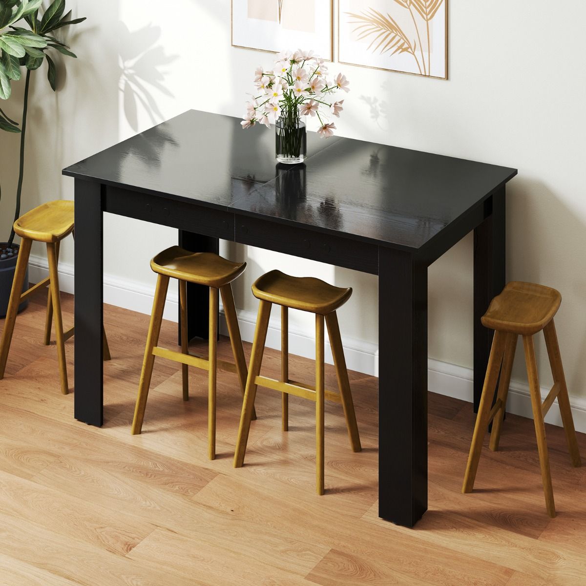 Coast Uitschuifbare Eettafel - Verstelbaar tafelblad - L-vormige poten - Zwart - 158 x 70 x 76 cm