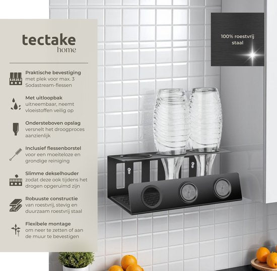tectake® Soda-flessenhouder - Lekbak voor flessen - Flessenstandaard - Afdruiprek - RVS - Incl. verwijderbaar druipmatje - Voor 3 flessen