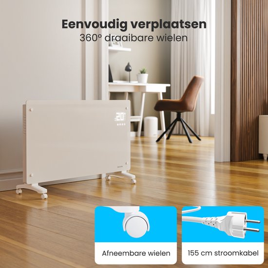 Auronic Elektrische Kachel – Convectorkachel met Thermostaat en Afstandsbediening - Paneelverwarming - tot 30 m² - 2500W Heater - Wit
