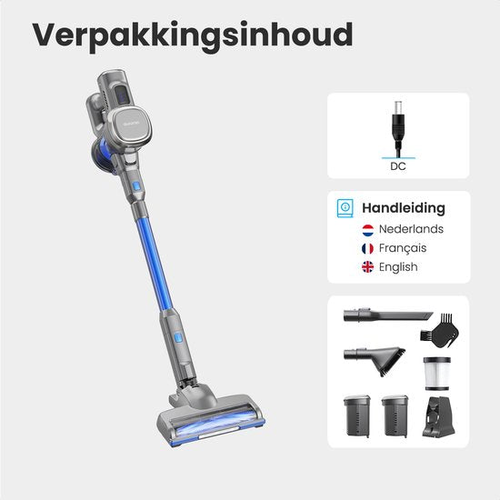 Auronic Steelstofzuiger - Draadloos - Zonder Zak - Op Accu - Zelfstaand - 220W - Extra Batterij - Stofzuiger - Grijs/Blauw