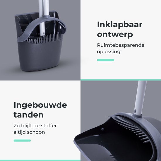 CLEANLY Stoffer en Blik met lange Steel 134 cm - Bezem voor Binnen en Buiten - Innovatieve Borstelvezels - Zwart, Grijs