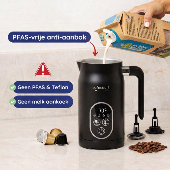 Safecourt Kitchen Melkopschuimer 4-in-1 – Elektrisch – Zwart – Voor Cappuccino & Latte