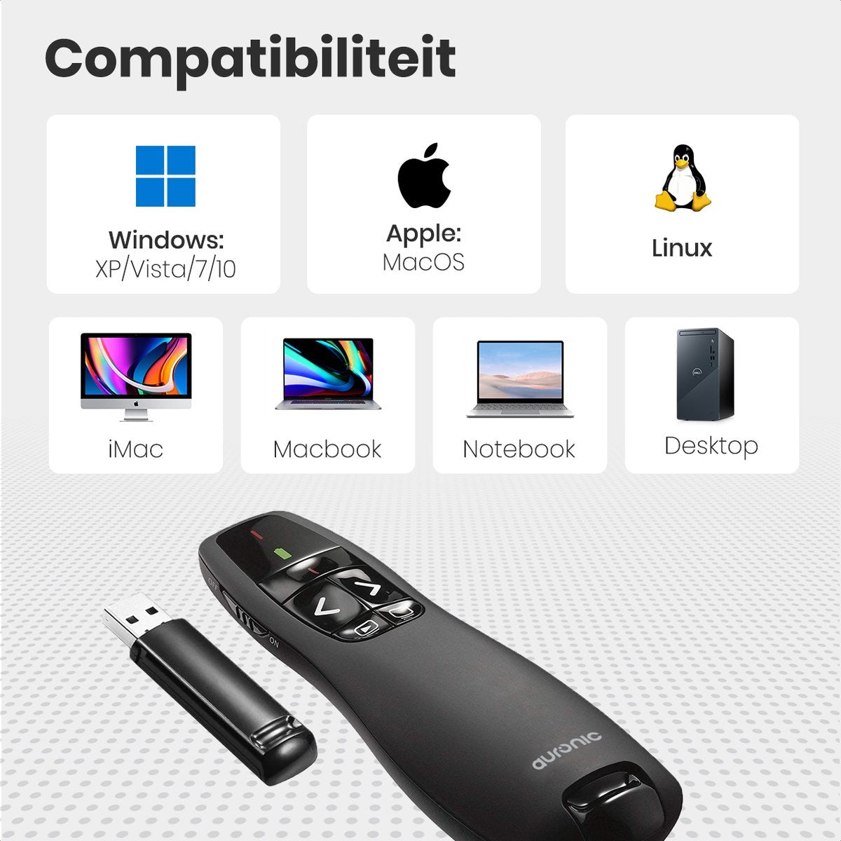 Auronic Presenter - Draadloos - Laser Pointer - Presentatie Klikker - 20 Meter - Incl. Hoes - Zwart