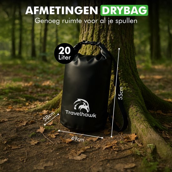 Travelhawk Drybag - Waterdichte Tas - Waterproof Drybag - Opberg Zak - 20 L - Outdoor Tas - Zwart