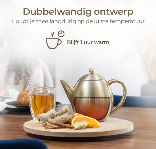 Vaja® Theepot Valerie Goud - Dubbelwandig - 1.2 Liter - RVS Theekan met Filter & Warmhouder