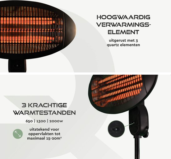 BRASQ Elektrische Terrasverwarmer Staand PHS100 - Heater 2000W - 3 warmtestanden - Verstelbaar - Spatwaterdicht - Voor binnen en buiten- Zwart