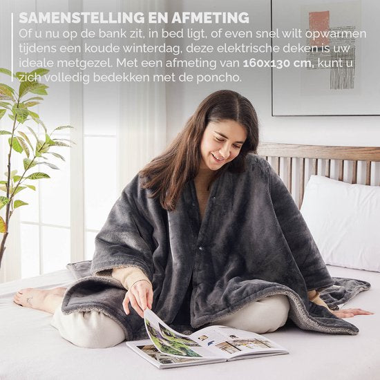 BREND BR-2220 Elektrische Deken en Poncho – Sherpa en Flanel Fleece Plaid – Warmte Cape - 160 x 130 cm - 9 Temperatuurinstellingen - Antraciet