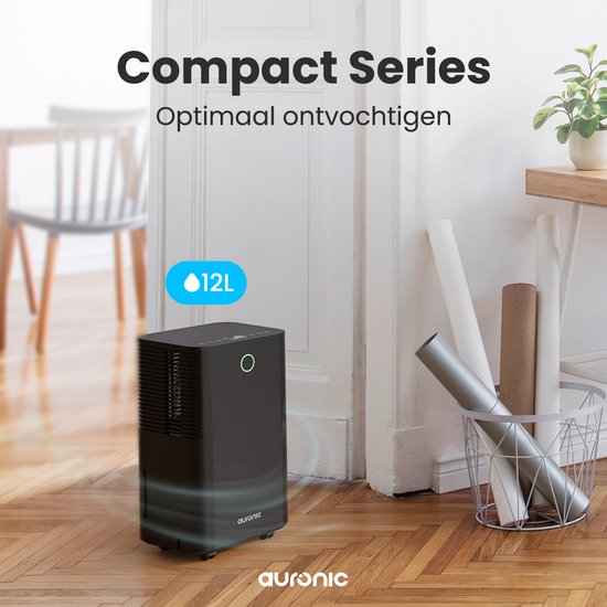 Auronic Luchtontvochtiger - Compact Serie - 12L per dag - Was-droog functie - Slaapkamer, Badkamer en Woonkamer - Vochtvreter voor in Huis - Zwart