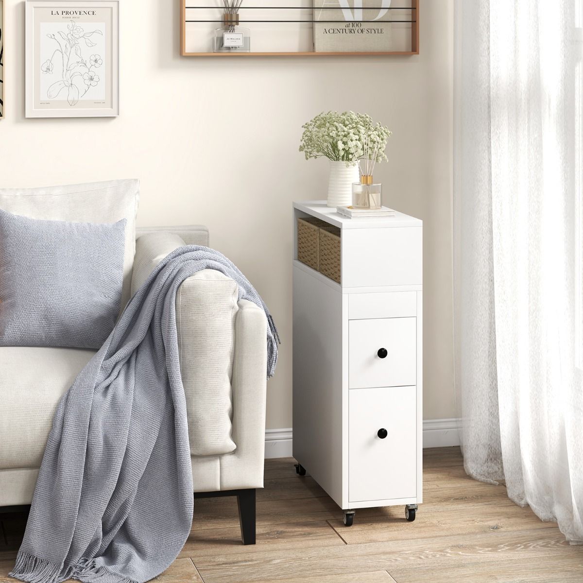 Coast Smalle Opbergkast op Wielen - 2 Schuifladen - 2 Rotanmanden - 50 x 19 x 72 cm - Wit