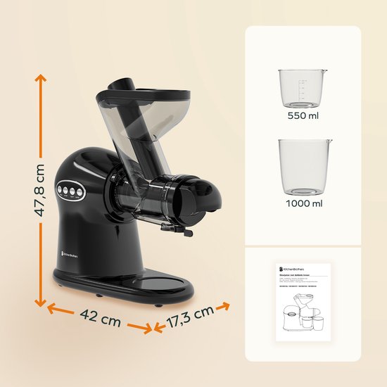 KitchenBrothers Slowjuicer XL - Juicer - Groenten en Fruitpers - 43 mm en 70 mm invoer - 500 ml - Zwart