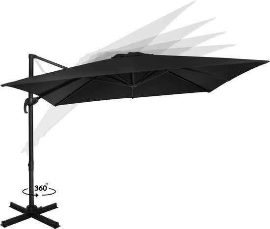 VONROC Premium Zweefparasol Pisogne 300x300cm – Incl. kruisvoet & beschermhoes – Vierkante parasol – 360 ° Draaibaar - Kantelbaar – UV werend doek - Zwart