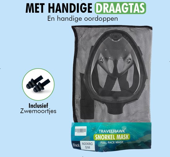 Travelhawk Snorkelmasker - Volwassenen S/M - Snorkelset Zwart - Snorkelmaskers - Full Face Duikmasker - Duikbril met Snorkel - Snorkelen en duiken