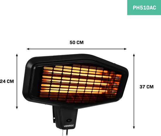 VONROC Sfeervolle terrasverwarmer – Amiata 2200W – Krachtige infraroodlamp – 3 warmteniveaus – Voor muur montage