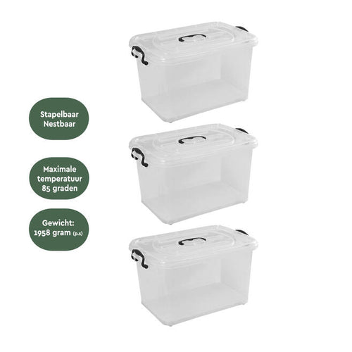 BRASQ Opbergbox Set van 3 – 70 Liter – 62,5x45x38,5 cm – Transparant met Zwarte Handvatten en Wieltjes