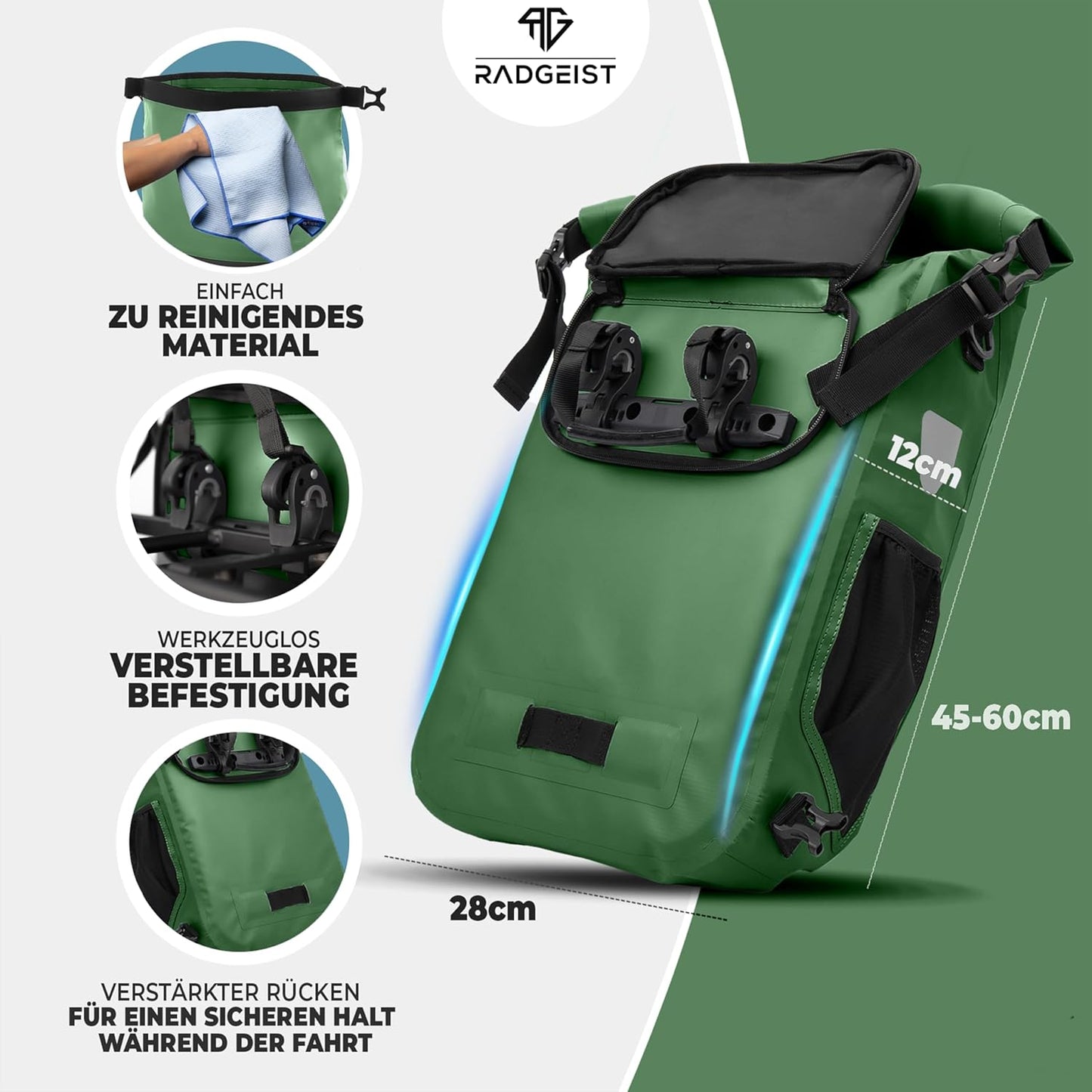 RADGEIST 3in1 fietstas voor bagagedrager I fietstas, rugzak & schoudertas 18-22L I tas voor fiets 100% waterdicht groen
