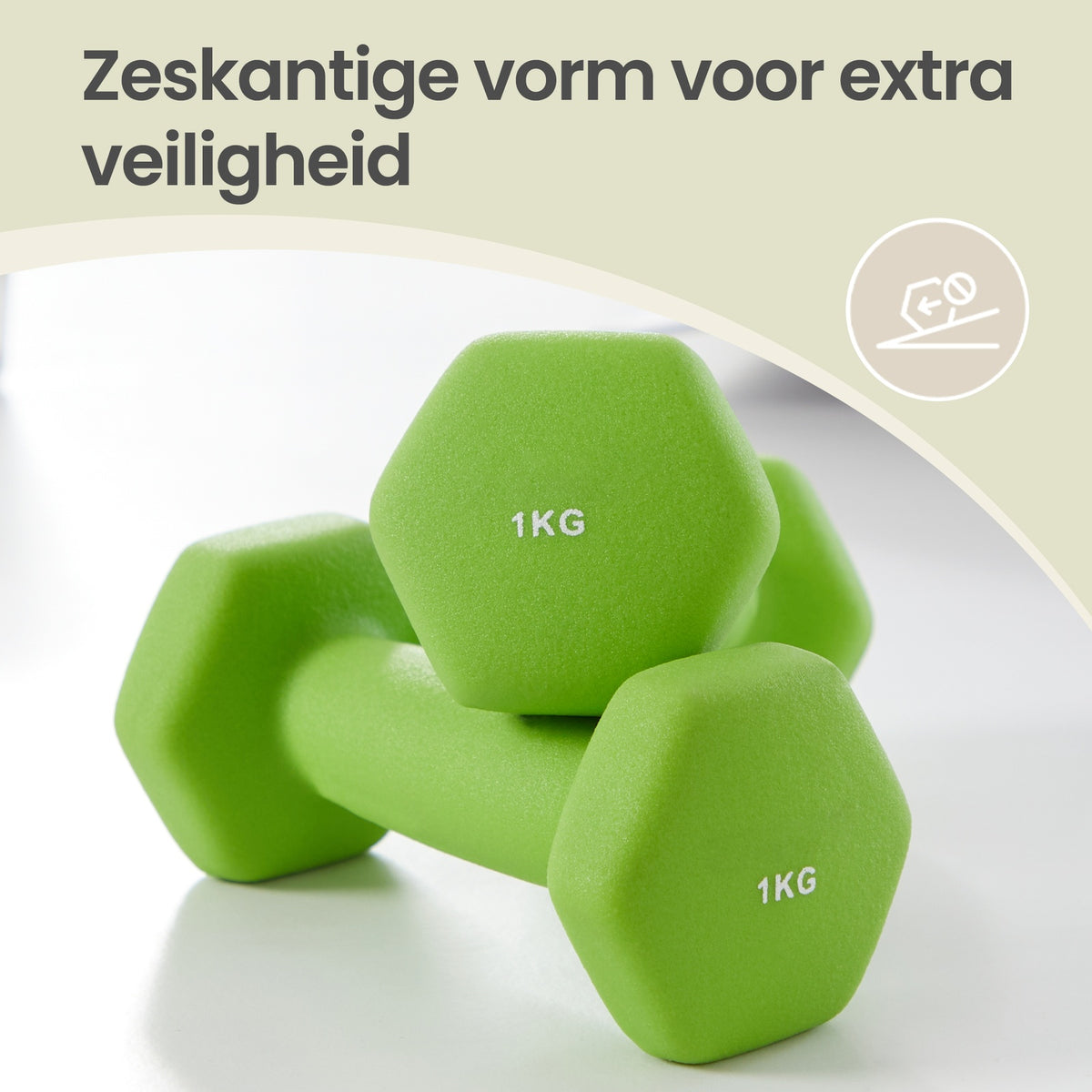 JOYFURNOS limoengroen - blauwgroen en lichtgrijs set zeskantige dumbbells - inclusief standaard