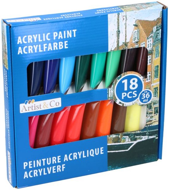 Artist & Co Acrylverf Set – 18 Tubes à 36 ml – Heldere Kleuren – Sneldrogend – Voor Canvas, Papier en Hout – Geschikt voor Beginners en Hobbyisten