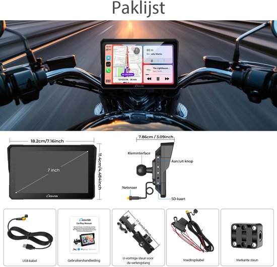 CARPURIDE W702 Pro - Motorfiets Carplay scherm - intercomfunctie - kompas - barometer - touchscreen - muziek delen - dubbele Bluetooth