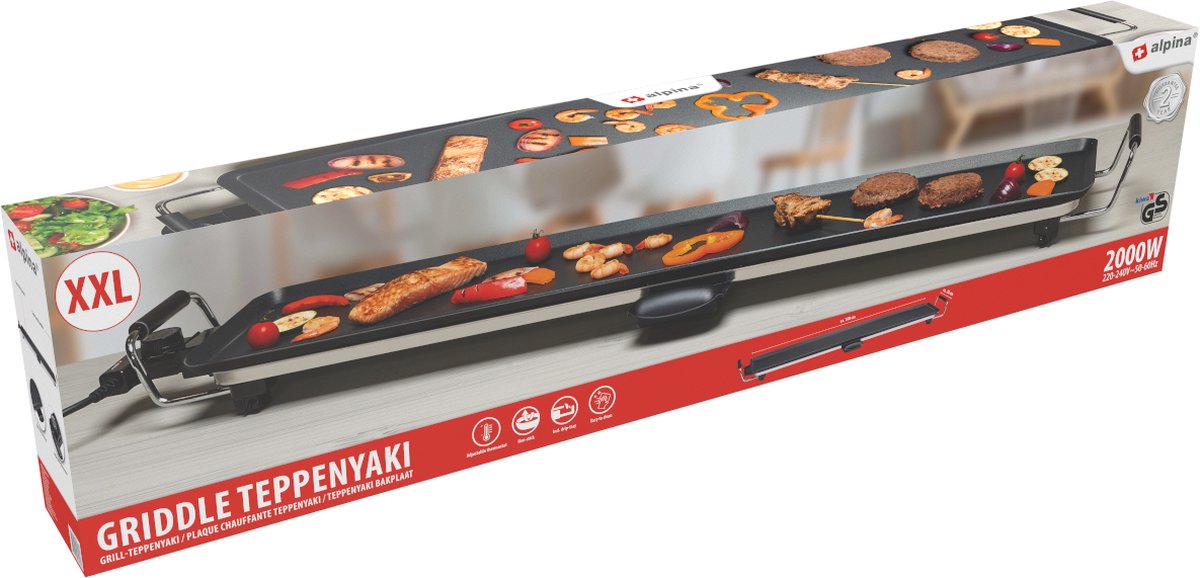 alpina Teppanyaki Bakplaat XXL - Bakplaat - 100x20cm - 2000W - Regelbare Thermostaat - Anti-Aanbaklaag - Zwart