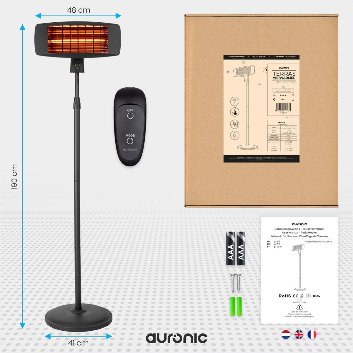 Auronic Terrasverwarmer - Infrarood - Elektrisch - 2000W - Heater - Hangend en Staand - met Afstandbediening - 3 Standen - Zwart
