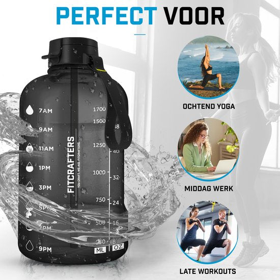 Fitcrafters Waterfles met Tijdmarkeringen - Motiverende Drinkfles - 2L - BPA vrij - Zwart