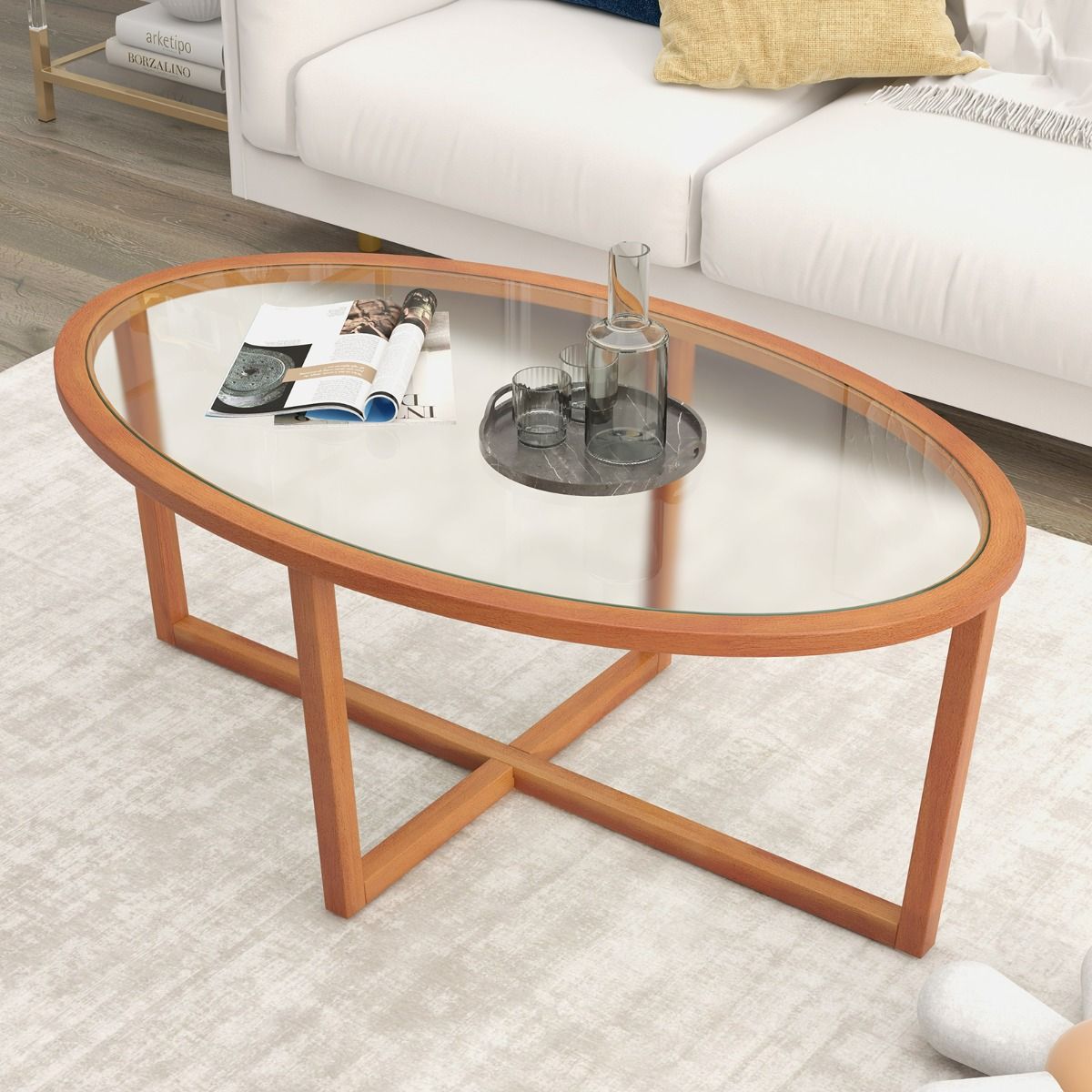 Coast salontafel - ovaal gehard glas - kruisvoet acaciahout - bruin - 118 x 71,5 x 47,5 cm