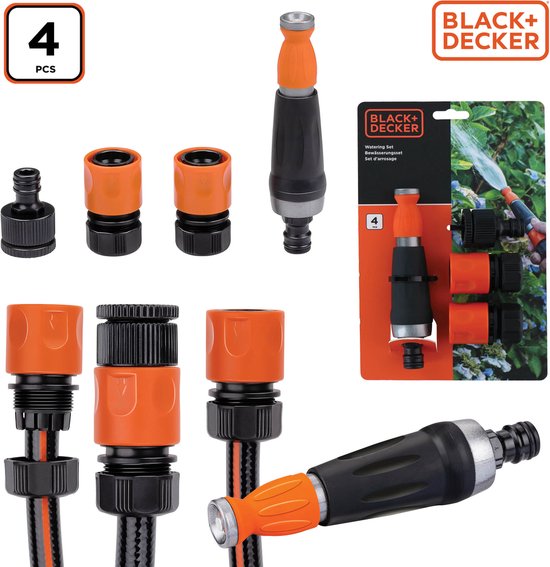 BLACK+DECKER Tuinslangkoppelingen Set van 4 - Tuinslangkoppelingen/ 2x Waterstop/ Tussenstuk - Zwart/ Oranje