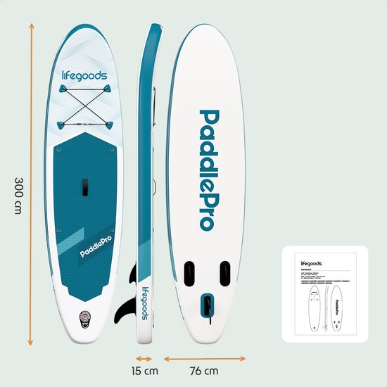 LifeGoods SUP Board Allround Compact - Met Zitje - 100 KG Draagkracht - 300 x 76 cm - Opblaasbaar - Compleet SUP pakket - Deep Aqua