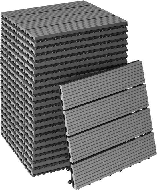 tectake® WPC houten tegels - Houtlook tegels - Weerbestendig - Vloerbedekking voor buiten - Vloertegels - Balkonvloer - Terrastegels met kliksysteem - Afvoer - Set van 22 - Grijs