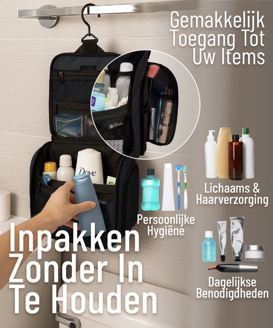 D&D Wanderlust Toilettas met Haak - Ophangbare Luxe Travel Organizer met 10 vakken - Zwart - Unisex Dames & Heren - 6 liter inhoud - Reis Toilettas Hangend Groot - Make up Tasje