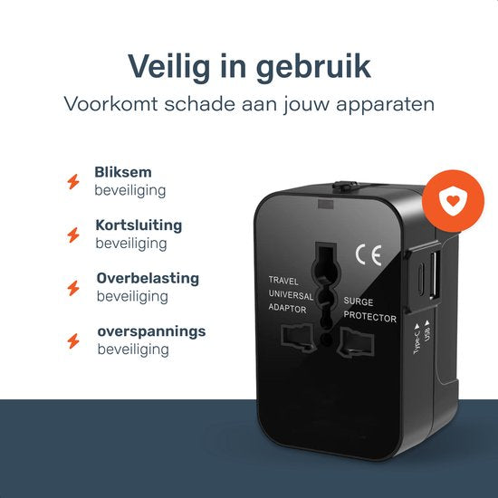 Universele wereldstekker 150+ Landen - Internationale - Verloop - Reis stekker - Adapter - Voor Amerika, Zuid Amerika, Engeland (UK), Azië, Europa, Afrika, Italië, Thailand, Curacao - 2x USB-C en 2x USB-A - Type G, Lichtgewicht - Skoov