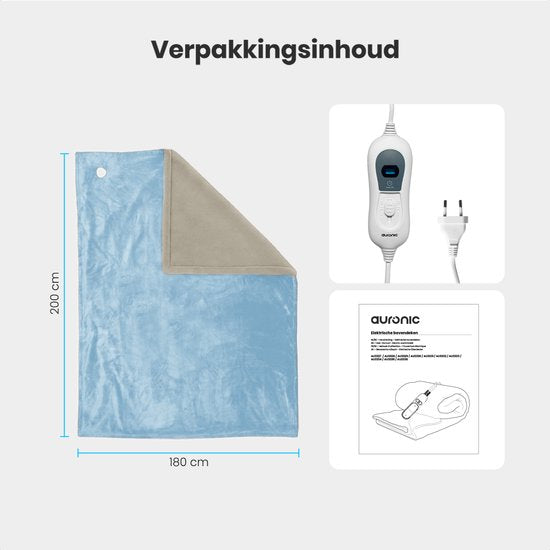 Auronic Elektrische Deken - Warmtedeken - 2 Persoons - 3 Warmtestanden - Bovendeken - Met Timer - Verwarmingsdeken - 200 x 180 cm - Lichtblauw